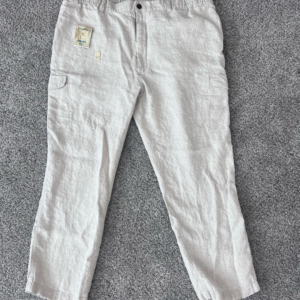 NWT! Caribbean 100% Linen Oatmeal Elastic Drawstring Waist Cargo Pants Mens46*32